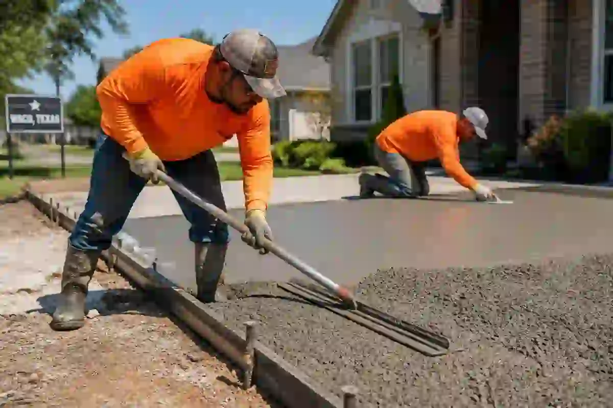 Concrete workers smoothing a new residential driveway in Waco, Texas